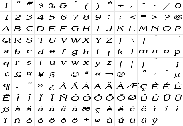 Keira Extended Italic Character Map