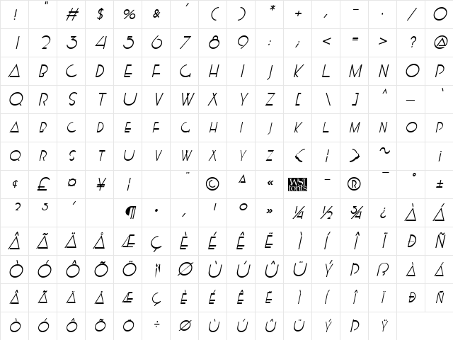Kensington Italic Character Map