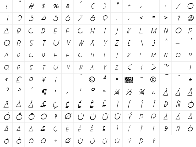 Kensington Italic Character Map
