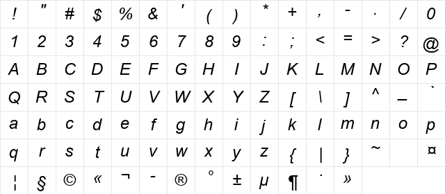 Arial Cyr Italic Character Map Arial Cyr Italic Character Map