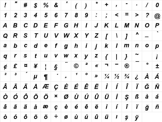 Arial Digiscream Bold Italic Character Map Arial Digiscream Bold Italic Character Map