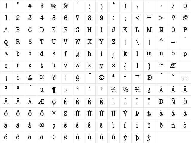 Keyboard CondensedAlt SSi Condensed Alternate Character Map