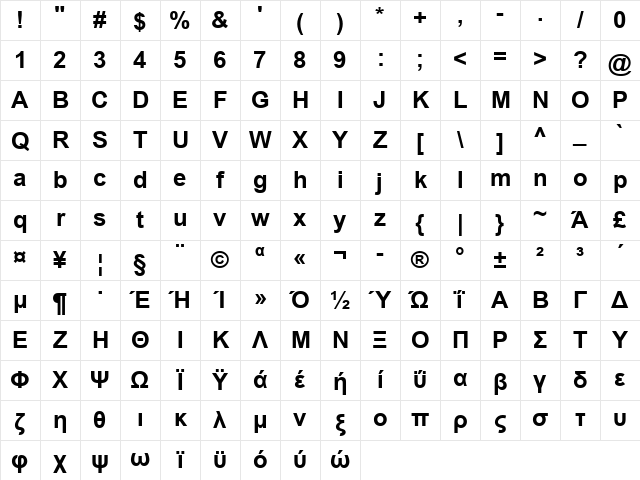 Arial Greek Bold Character Map