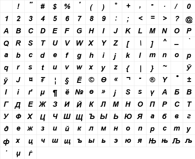 Arial Mon Bold Italic Character Map Arial Mon Bold Italic Character Map