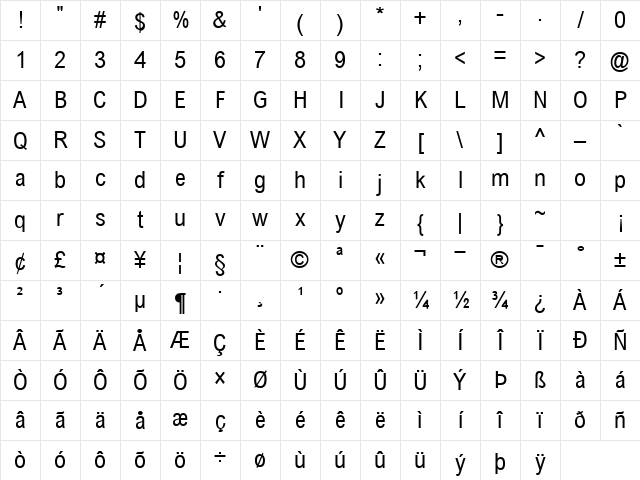 Arial MT Condensed Normal Character Map