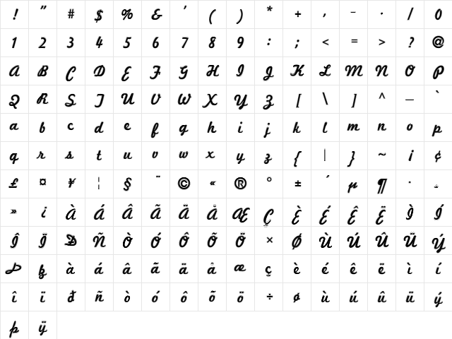 Marketing Script Inline Regular Character Map