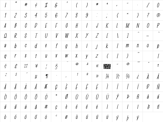 MarkingPen-Thin Italic Character Map