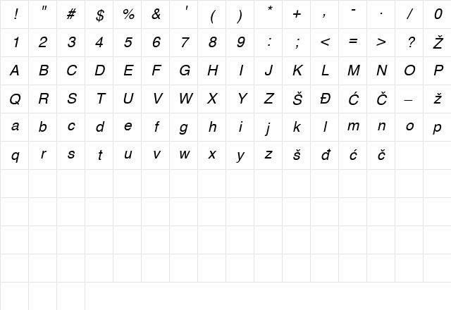 0Hel-I Regular Character Map
