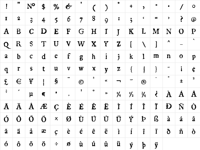 1722Roman Regular Character Map 1722Roman Regular Character Map