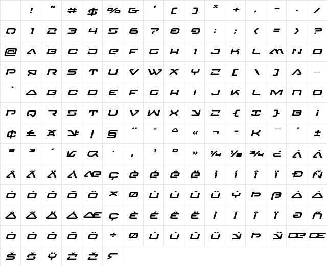 4114 Blaster Expanded Italic Expanded Italic Character Map