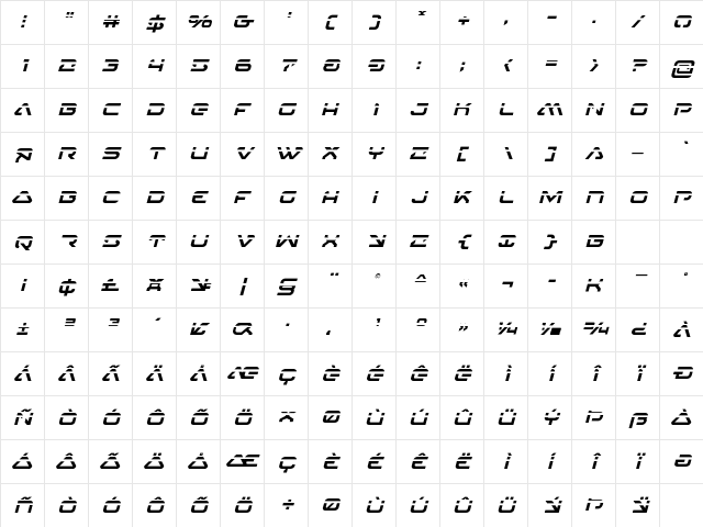 4114 Blaster Laser Italic Italic Character Map