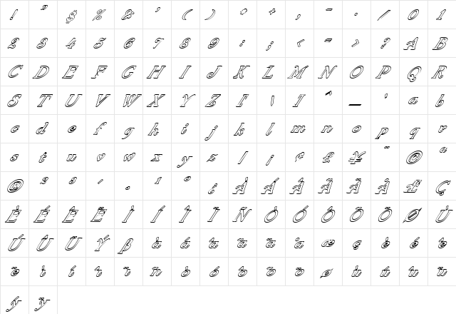 4ArmJoltScriptHollowItalics Regular Character Map 4ArmJoltScriptHollowItalics Regular Character Map