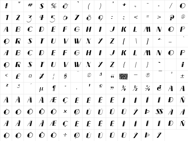 MarqueeMieux Italic Character Map