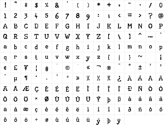 AA Typewriter Regular Character Map