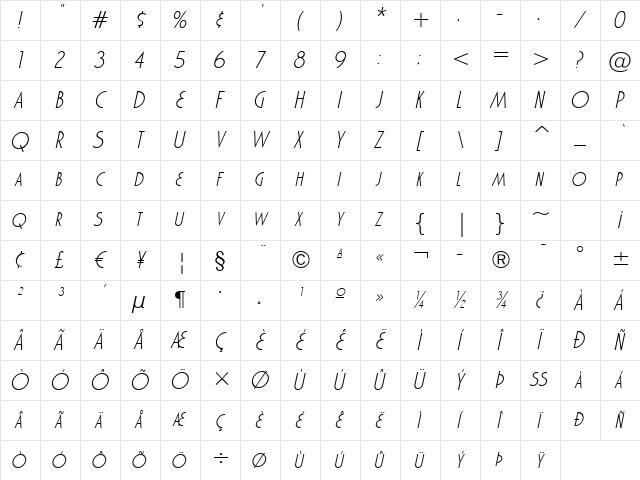 Marquisette BTN Light Oblique Character Map