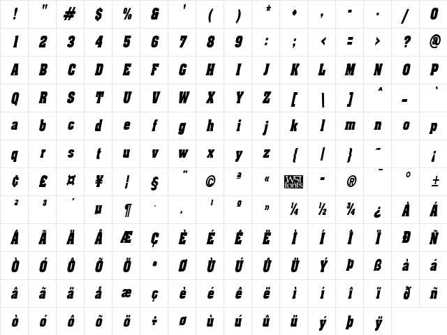 AcklinCondensed Italic Character Map