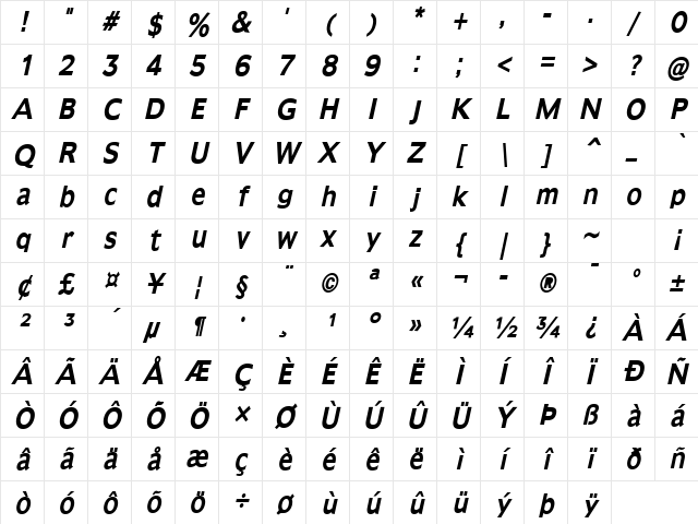 Adams-Condensed Bold Italic Character Map