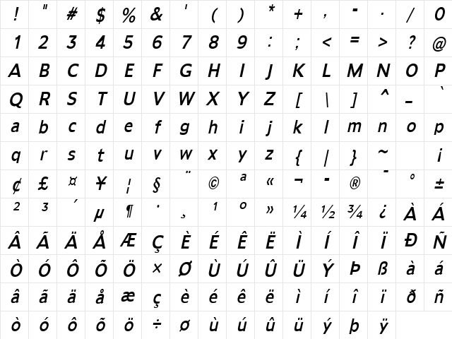 Adams-Condensed Italic Character Map