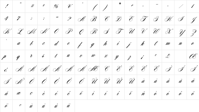 AeroliteScriptCP Medium Character Map