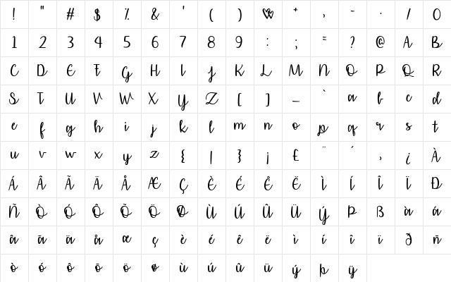 Affectionately Yours Regular Character Map