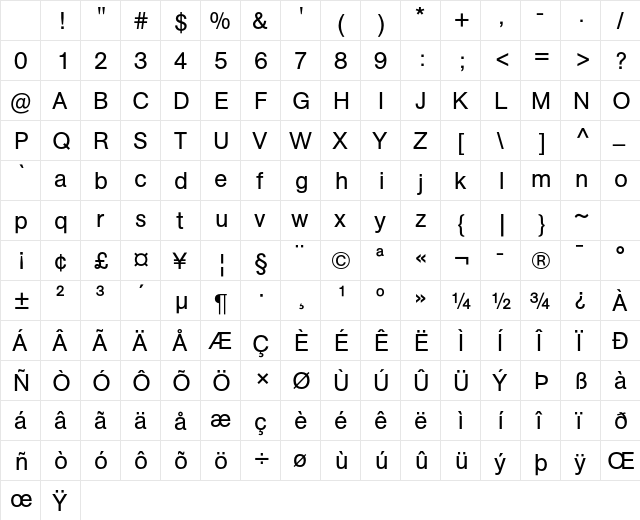 AG Book Regular Character Map