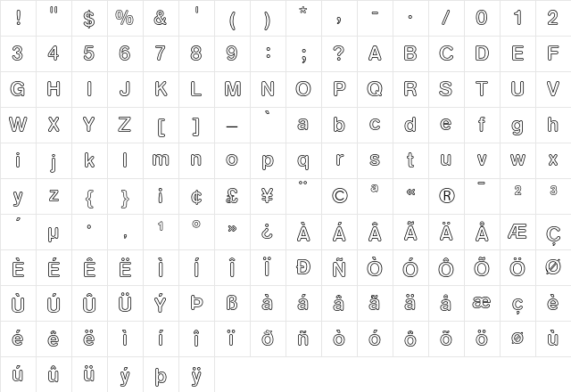 AG Book Rounded Medium Outline Character Map