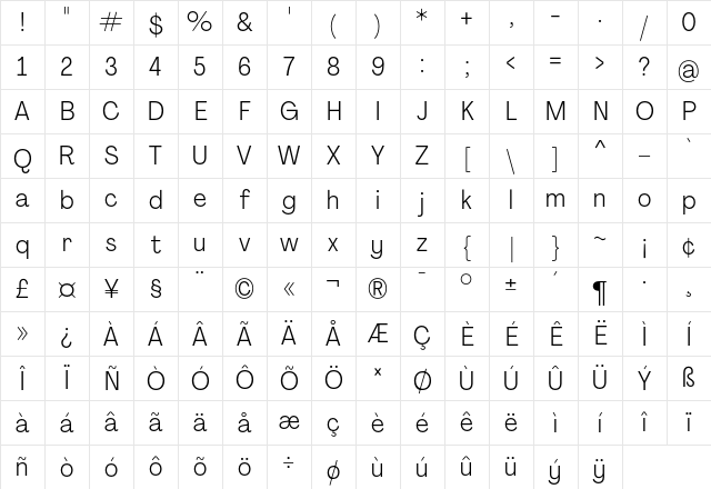 Agrandir Narrow Light Regular Character Map