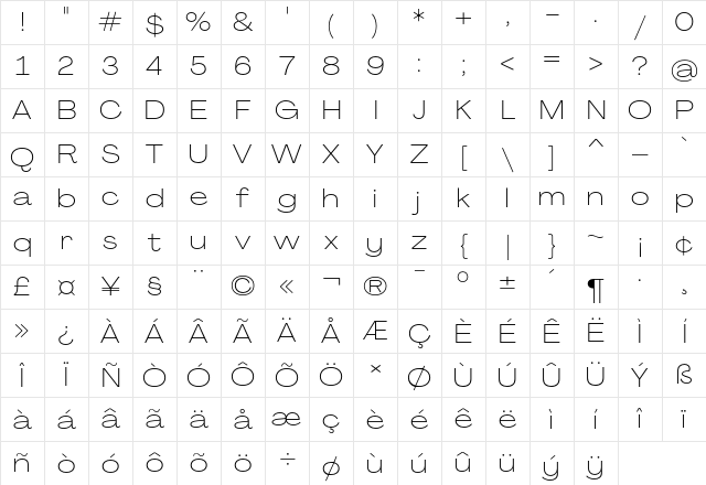 Agrandir Wide Thin Regular Character Map Agrandir Wide Thin Regular Character Map