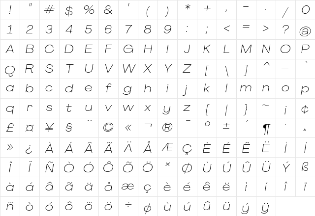 Agrandir Wide Thin Italic Character Map Agrandir Wide Thin Italic Character Map