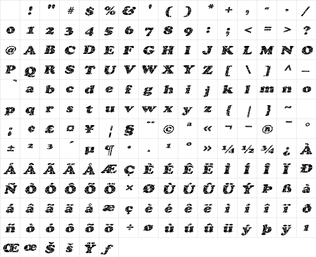 Marshmallow Cracked-Extended Italic Character Map