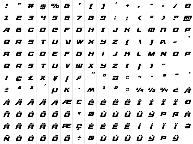 Aircruiser Light Italic Italic Character Map