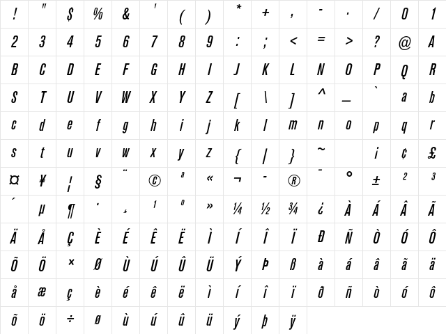 Akzidenz-Grotesk Md Cd Italic Character Map Akzidenz-Grotesk Md Cd Italic Character Map