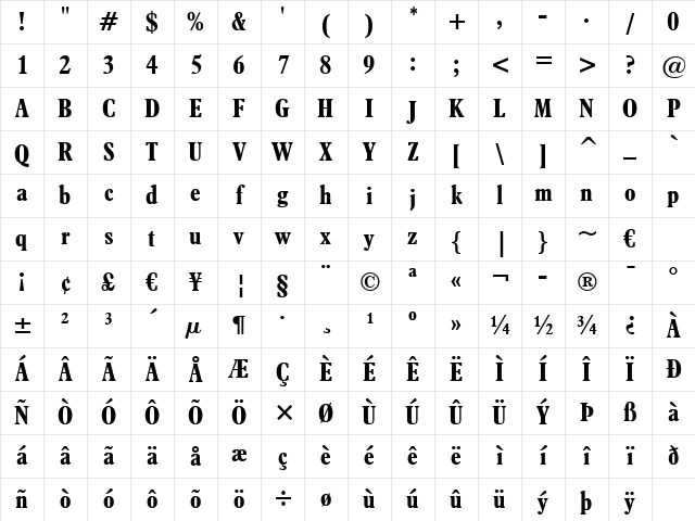 Aldine721 BdCn BT Bold Character Map Aldine721 BdCn BT Bold Character Map