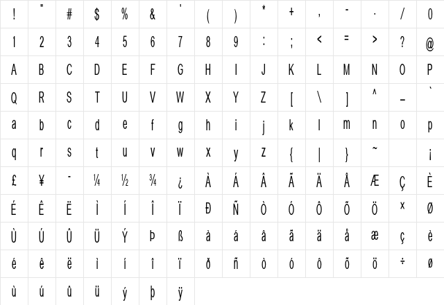 Alido Extra-condensed Bold Character Map