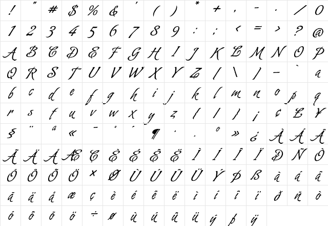 Almond Script Regular Character Map