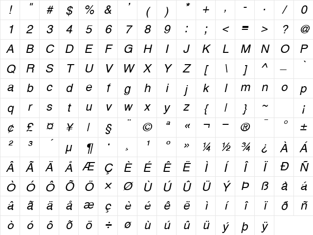 Alps-Wide Italic Character Map