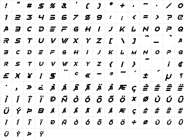 Alternity Bold Italic Character Map