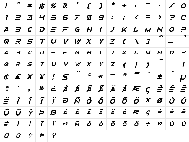 Alternity Italic Character Map