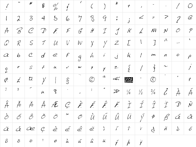 AlvinsHand Regular Character Map
