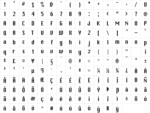Ambush-Condensed Normal Character Map
