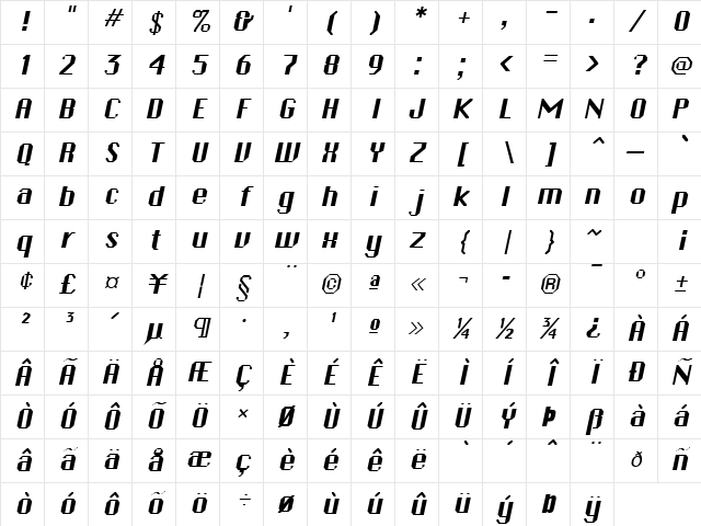 Ambush-Extended Italic Character Map
