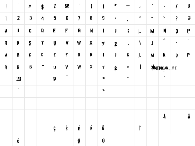 American Life Regular Character Map American Life Regular Character Map