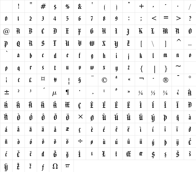 AmericanText BT Regular Character Map AmericanText BT Regular Character Map
