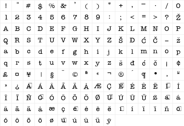 American Typewriter YU Regular Character Map