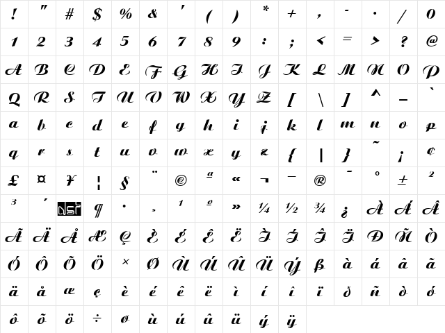 Ariston Bold Character Map