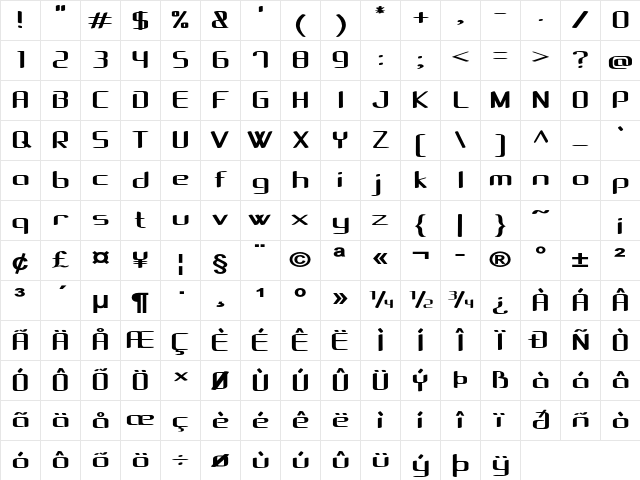 Amped Expanded Bold Character Map