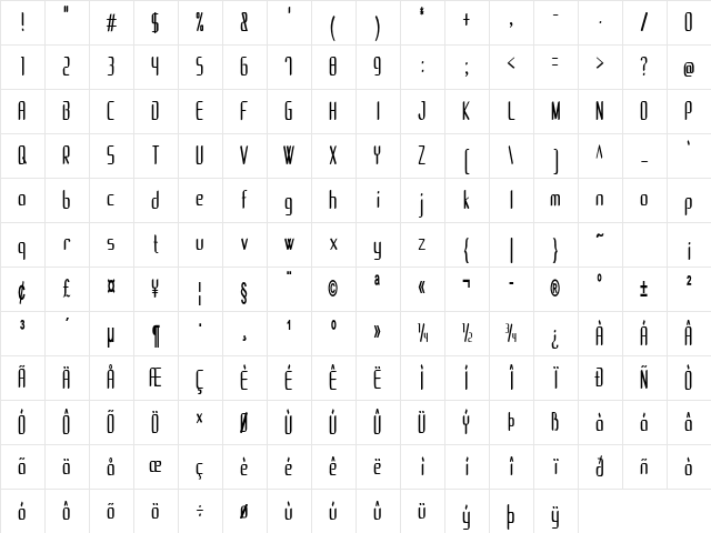 Amped Extra-condensed Bold Character Map