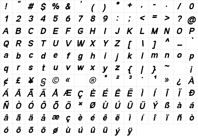 Andala Bold Italic Character Map Andala Bold Italic Character Map