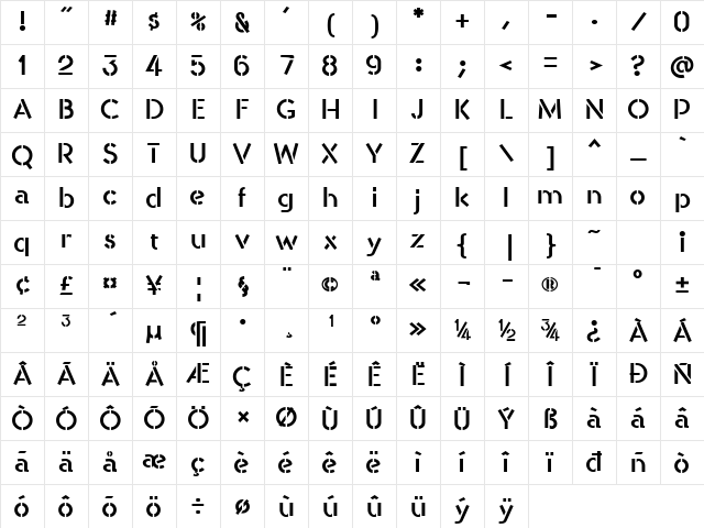 AndrewAndyStencil Bold Character Map