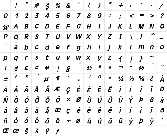 Antiqua 101 Bold Italic Character Map Antiqua 101 Bold Italic Character Map